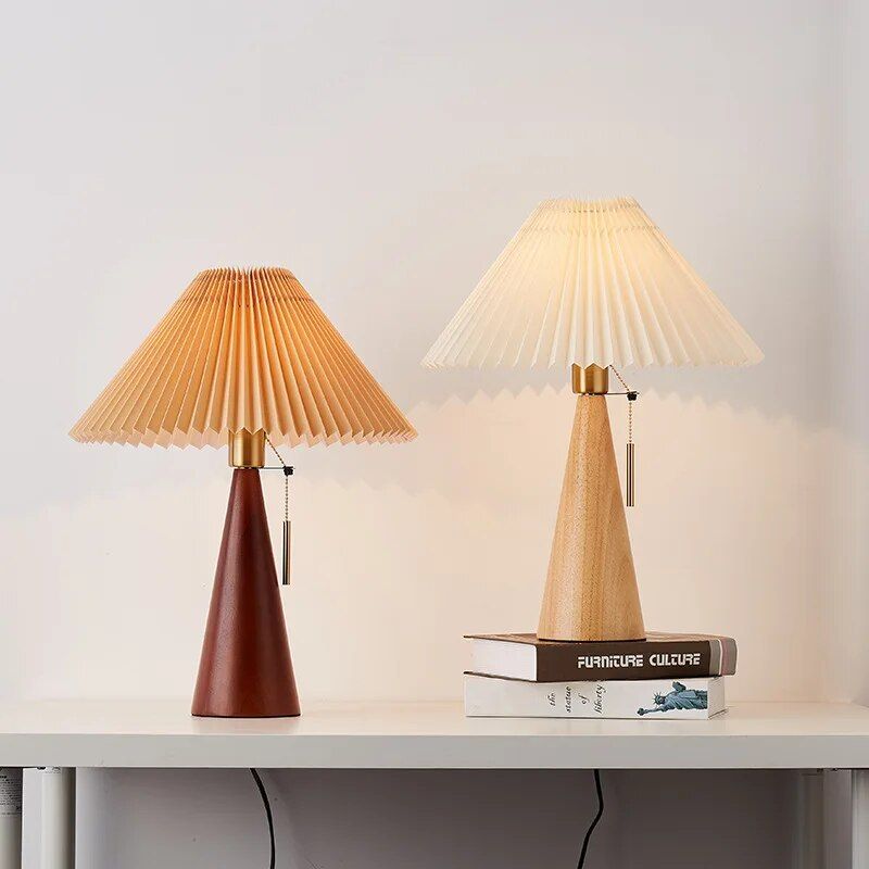 Modern Nordic Pleated Table Lamp - Solid Wood Desk Light with Fabric Shade