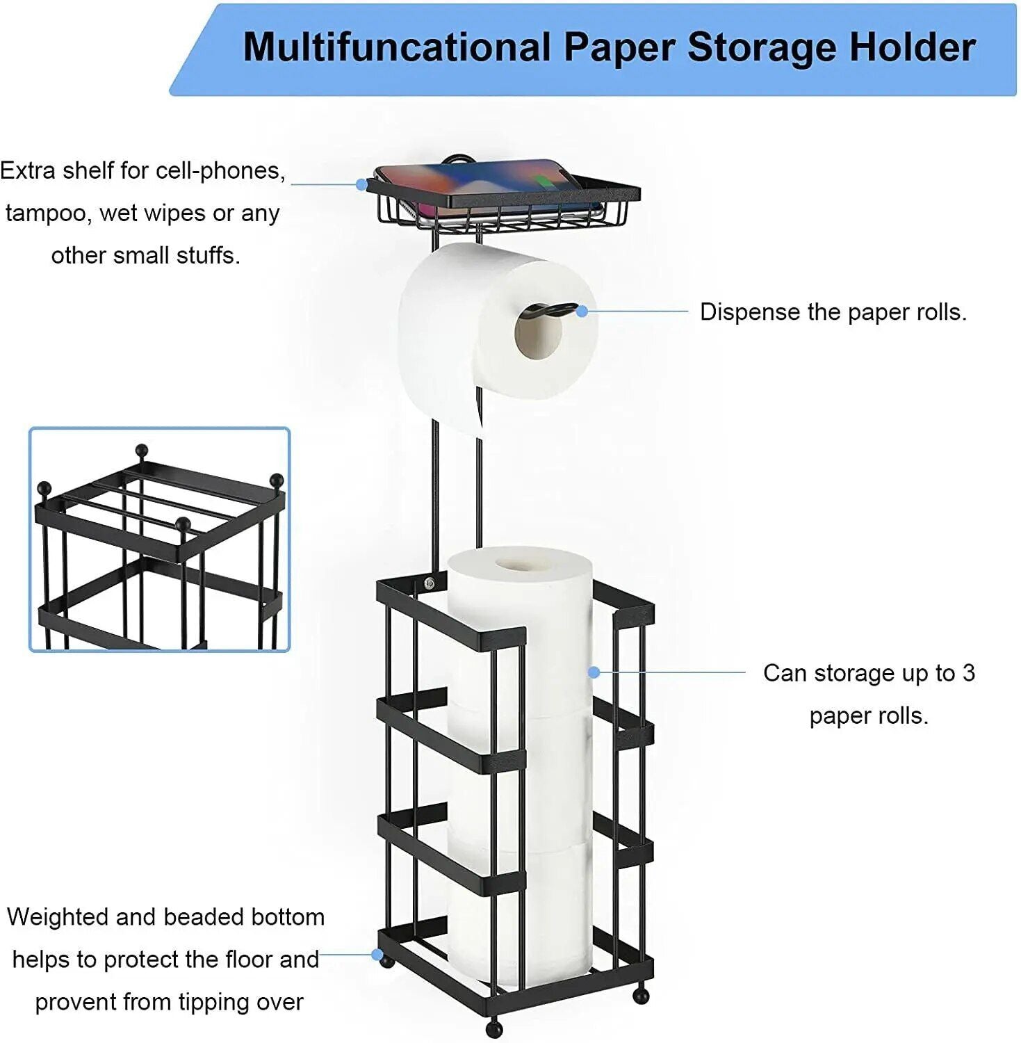 Multi-Purpose Bathroom Tissue Holder & Storage Stand