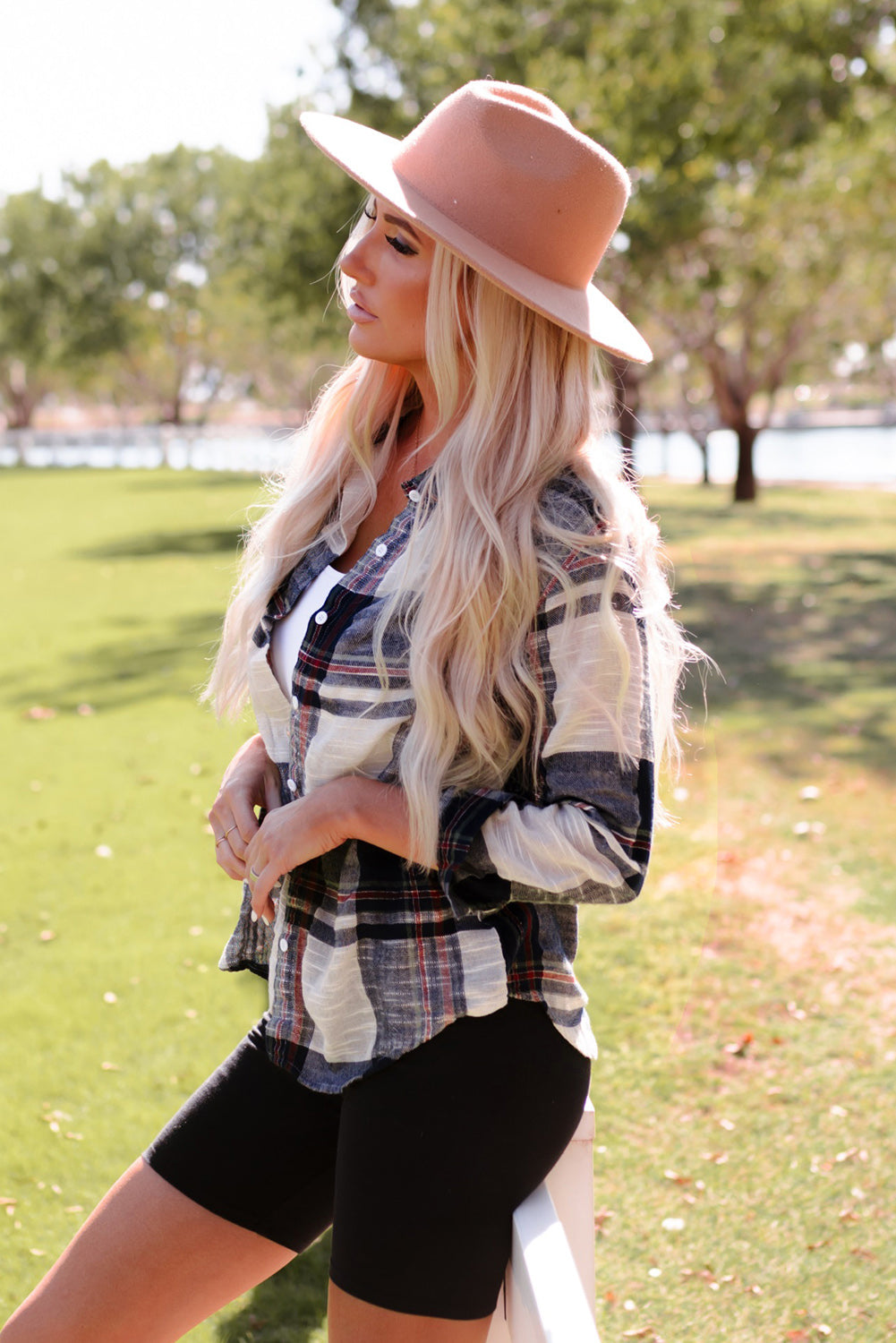 Plaid Button Up Curved Hem Shirt