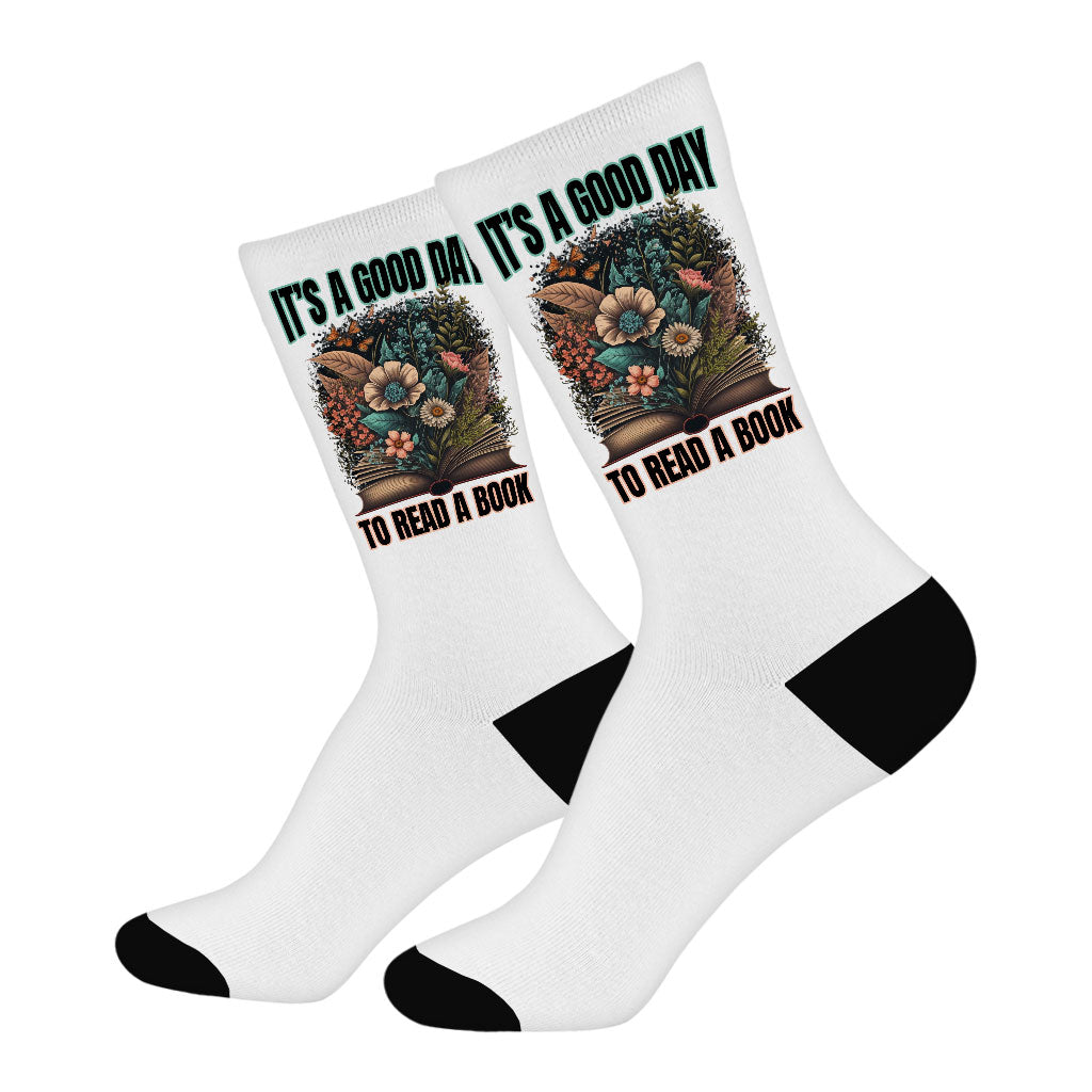 Book Lover Socks - Flower Design Novelty Socks - Themed Crew Socks