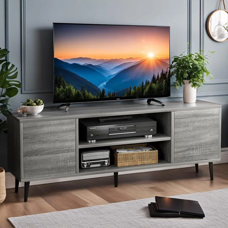 Modern & Retro TV Stand with Storage Cabinets for Living Room and Bedroom