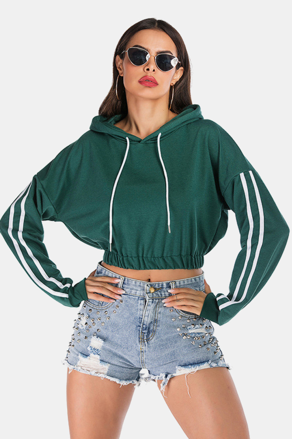 Full Size Side Stripe Elastic Waist Cropped Hoodie