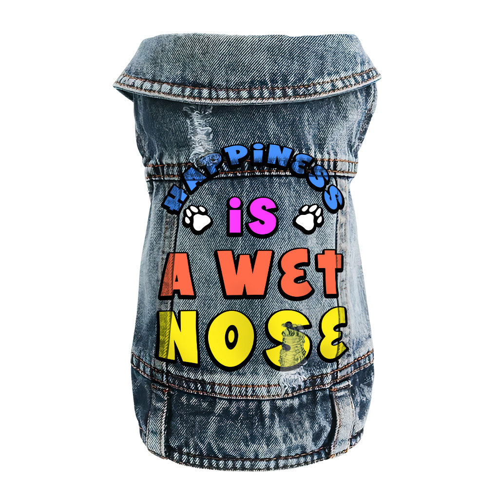 Happiness Is a Wet Nose Dog Denim Vest - Colorful Dog Denim Jacket - Quote Dog Clothing