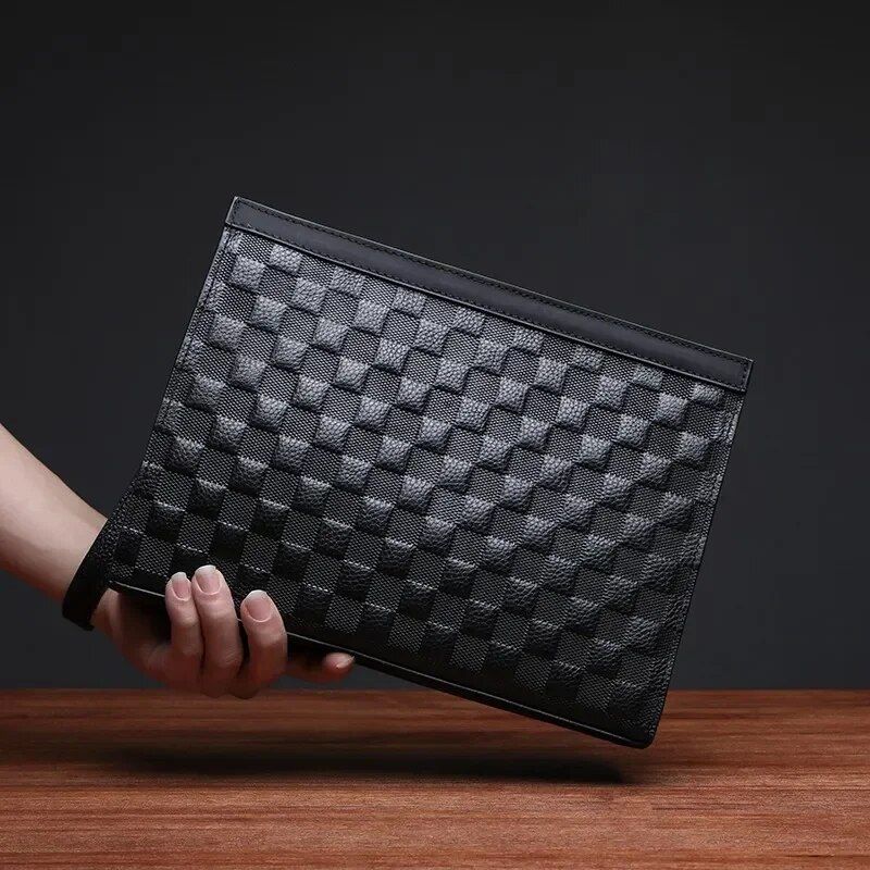 Men's Plaid Genuine Leather Clutch Bag