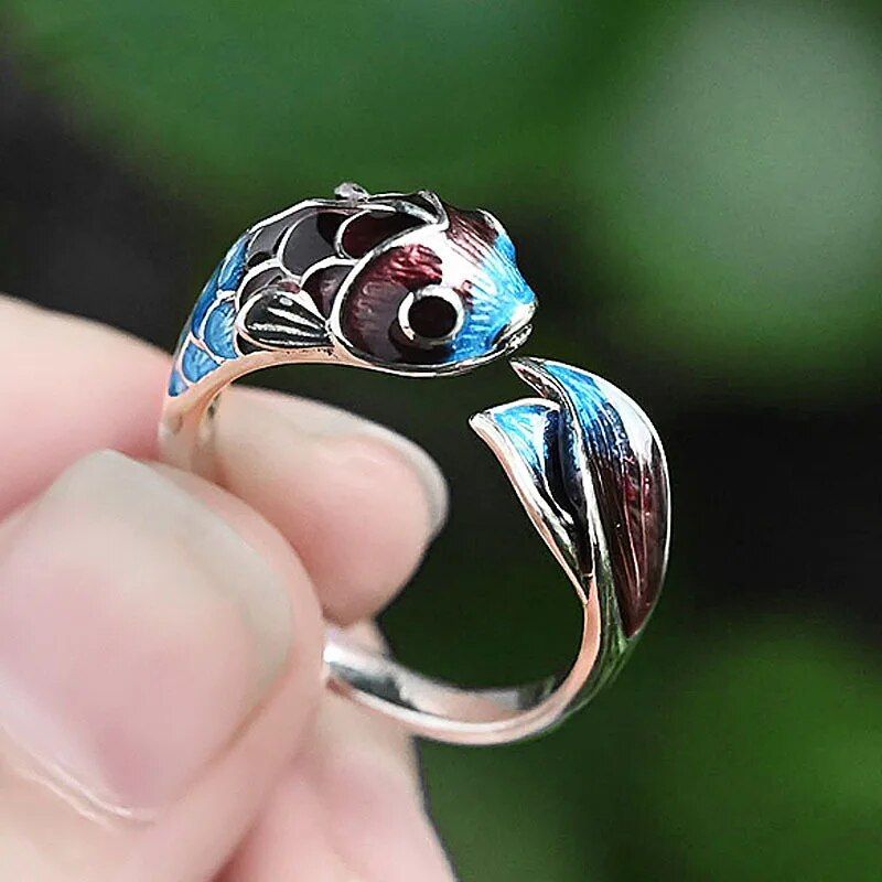 Elegant Silver Enamel Koi Fish Adjustable Ring - Sparkling Cocktail Jewelry for Women