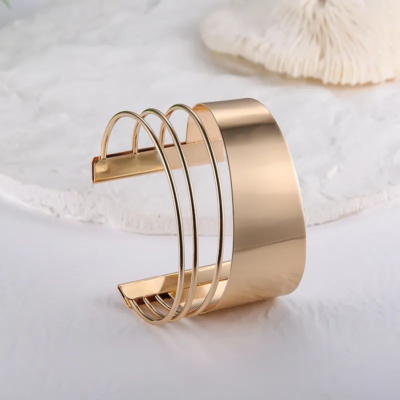 Gold-Plated Geometric Cuff Bangle - Women's Bohemian Wide Wire Statement Jewelry