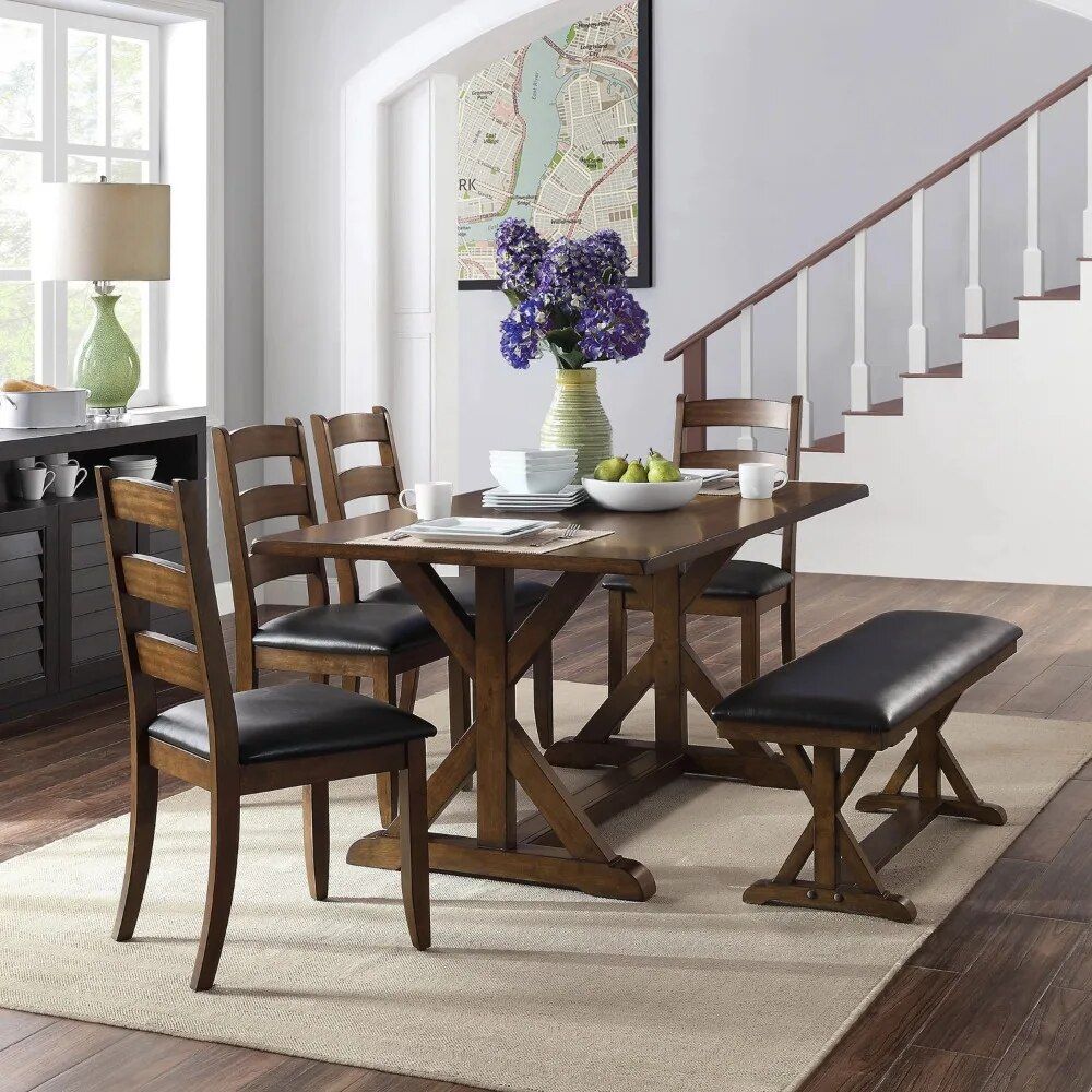 Modern Ladderback Dining Chairs Set of 2 - Aged Brown Ash with Faux Leather Seat