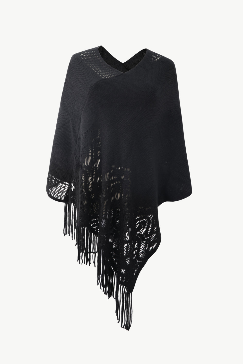 Openwork Fringe Hem V-Neck Poncho