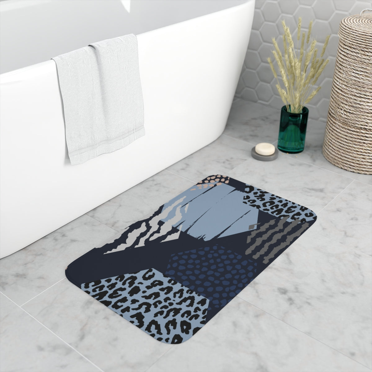 Uniquely You Memory Foam Bath Mat, Blue Grey White Print Hexagons