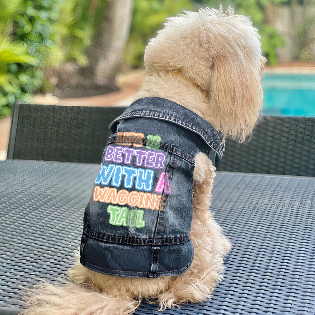 Life Is Better With a Wagging Tail Dog Denim Vest - Print Dog Denim Jacket - Art Dog Clothing