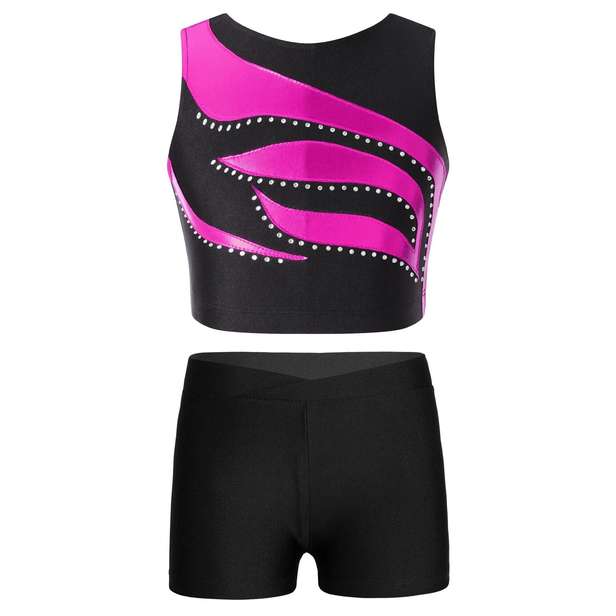 Girls Dance & Gymnastics Outfit - Sleeveless Shiny Rhinestone Crop Top with Shorts