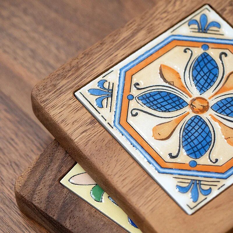 Acacia Wood and Colorful Tile Trivet - Multipurpose Anti-Scald Pot Mat and Drink Coaster