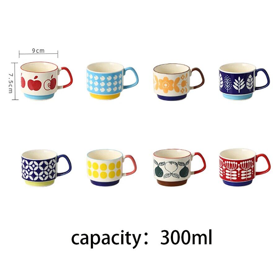 Japanese Retro Floral Ceramic Coffee Mug - 300ml Handgrip Cup for Office and Home