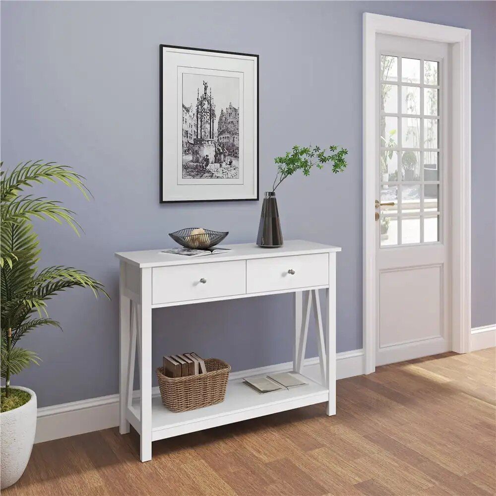 Elegant White Wooden Console Table with Drawers and Shelf