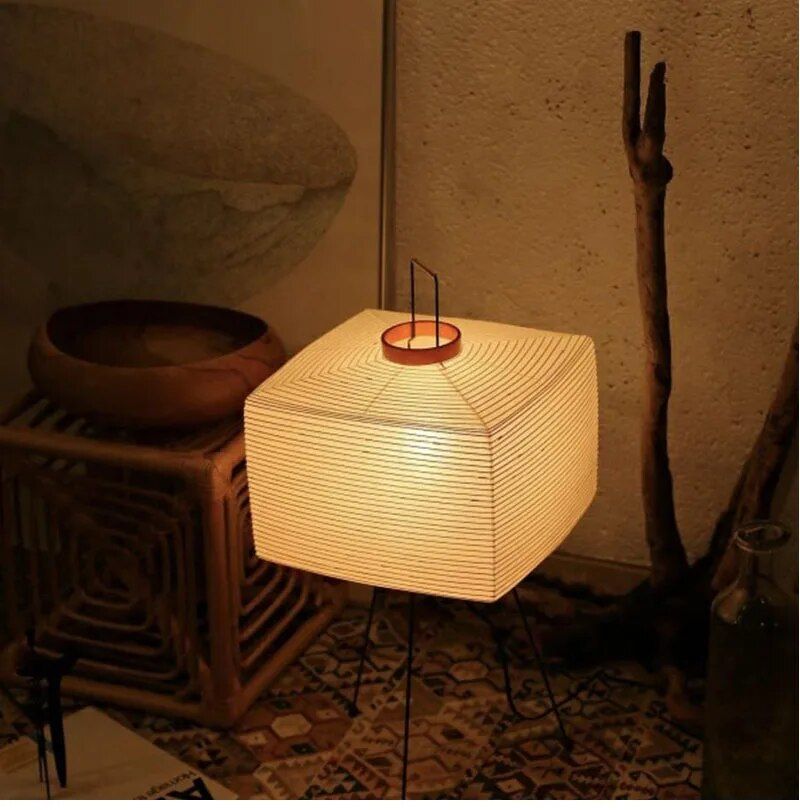 Wabi-Sabi Japanese Tripod Floor Lamp with Rice Paper Shade - Modern LED Standing Light for Home and Hotel