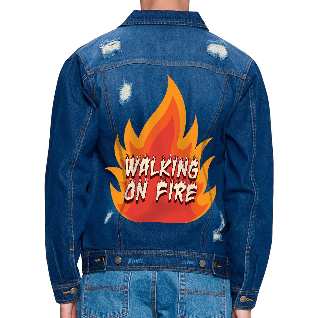 Fire Graphic Men's Distressed Denim Jacket - Cool Design Denim Jacket for Men - Illustration Denim Jacket