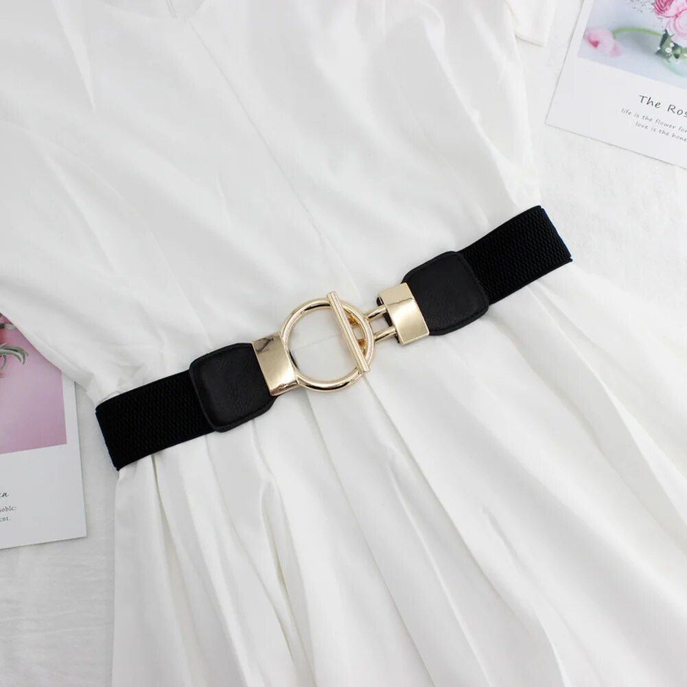 Elegant Elastic Fashion Belt for Women with Round Metal Buckle