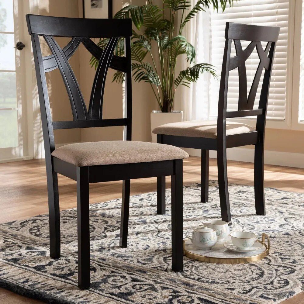 Contemporary Sand Fabric Dining Chairs, Set of 2 - Espresso Finish