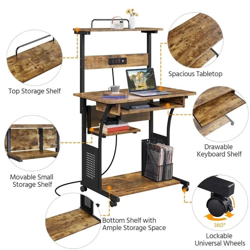 Multi-Functional 3-Tier Computer Desk with Charging Station & Printer Shelf