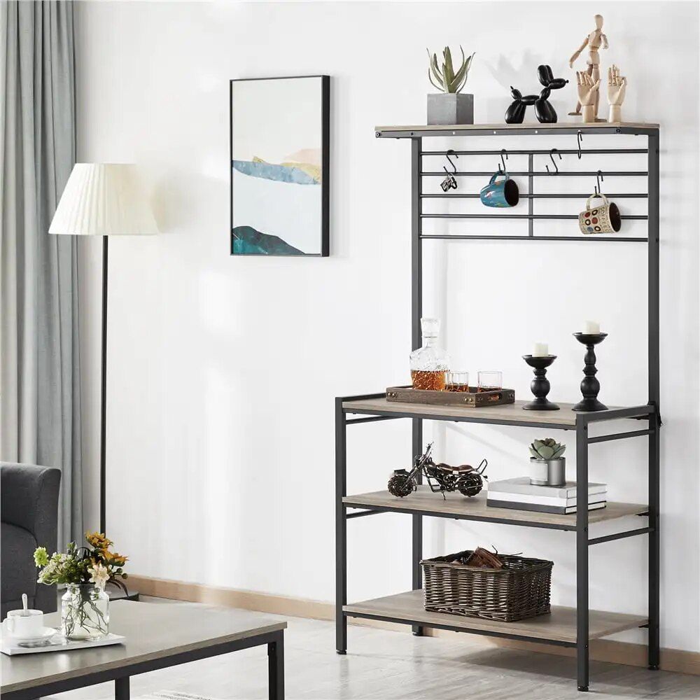 Modern Gray 4-Tier Baker's Rack with Hooks