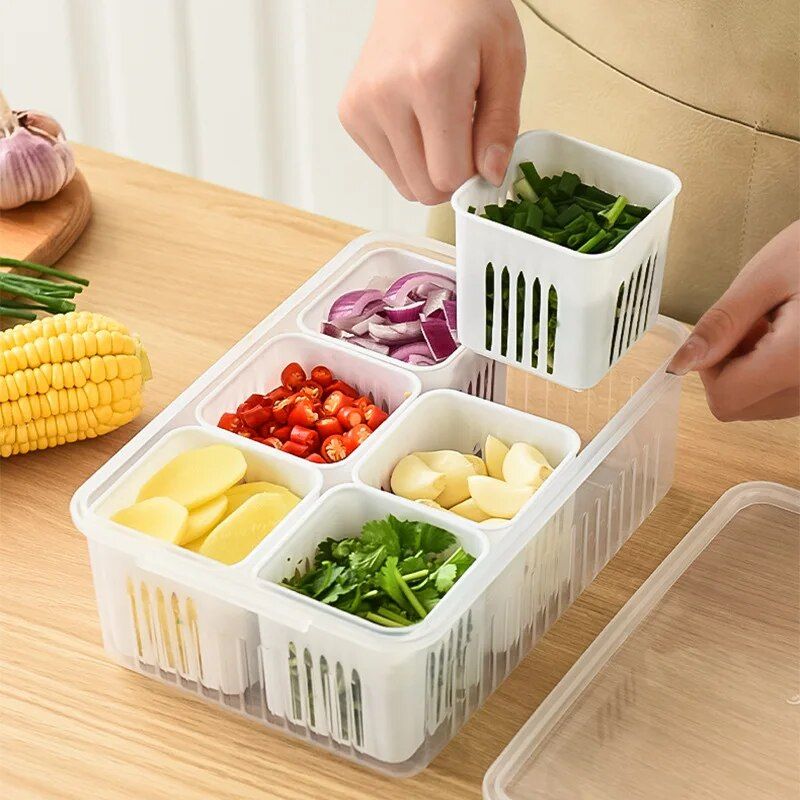 Multi-Grid Refrigerator Storage Box with Drain Basket