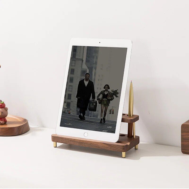 Elegant Black Walnut Wood Desk Organizer for Phones, Tablets, and Stationery