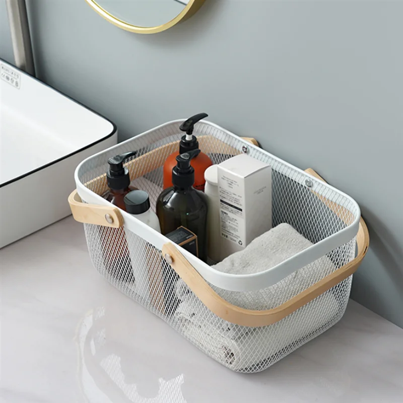 Multi-Purpose Iron Mesh Storage Basket with Wooden Handle