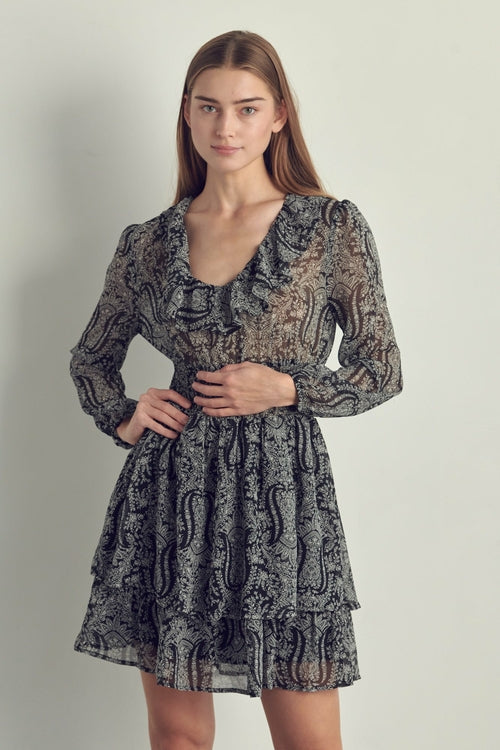 Ruffled neckline smock waisted long sleeve dress