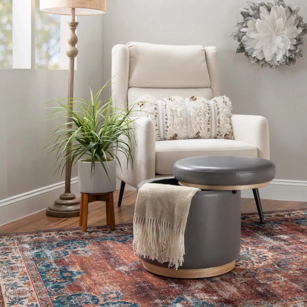 Elegant Gray Faux Leather Storage Ottoman Stool with Natural Pinewood Trim