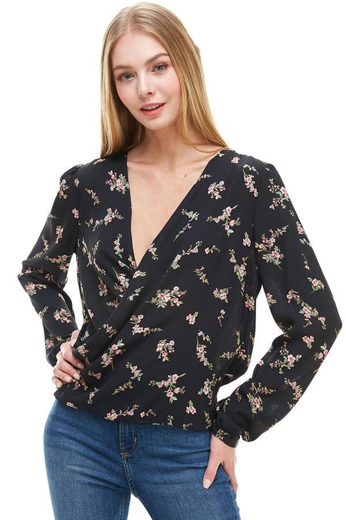 Long Sleeve Surplice Floral Top