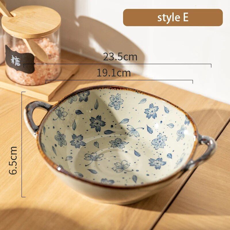 Elegant Floral Ceramic Soup and Salad Bowl with Handle