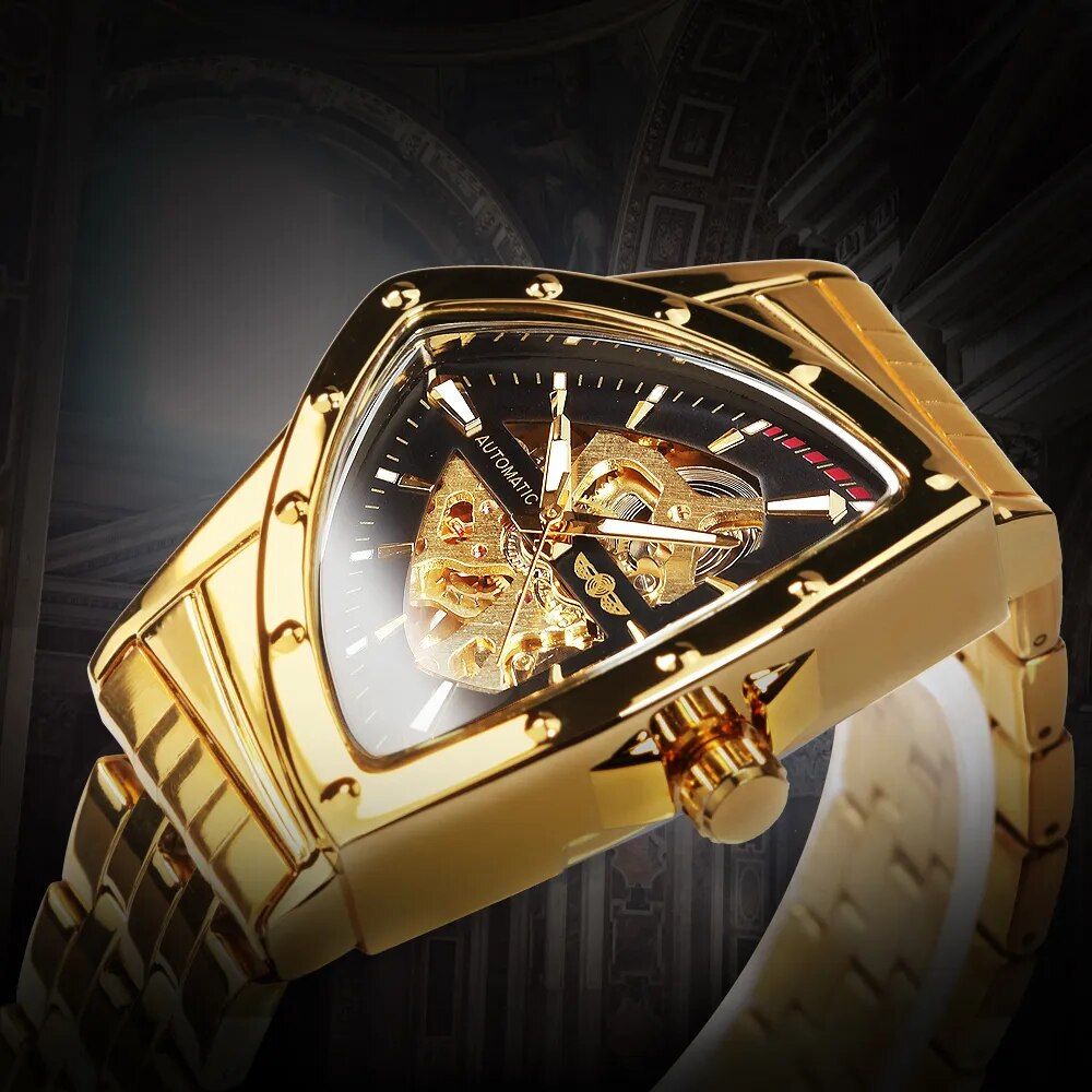 Luxury Triangle Skeleton Gold Black Automatic Mechanical Men's Watch