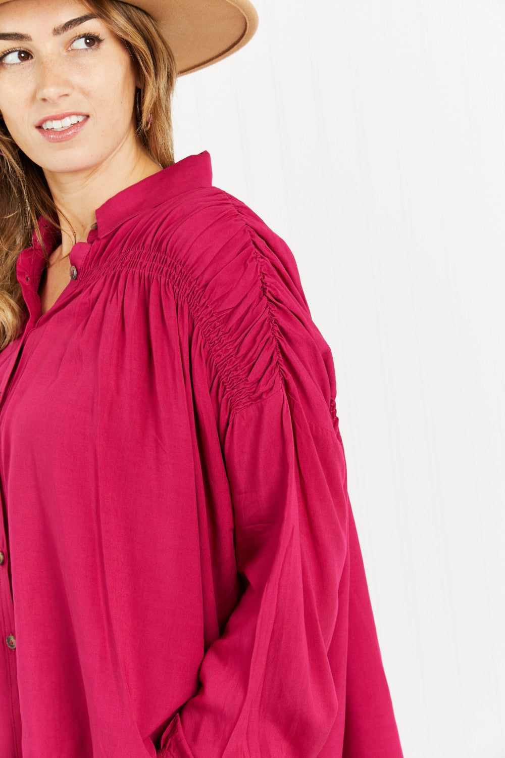 Delectable Taste Ruched Detail Button-Down Shirt