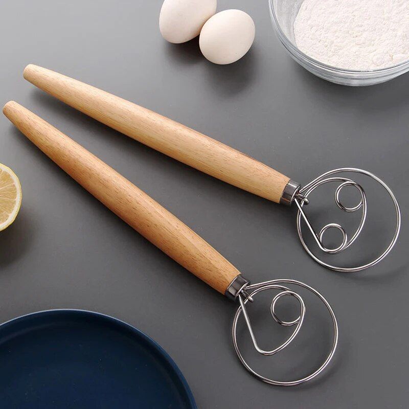 Multi-Function Danish Dough Whisk with Wood Handle - Stainless Steel Hand Mixer for Baking