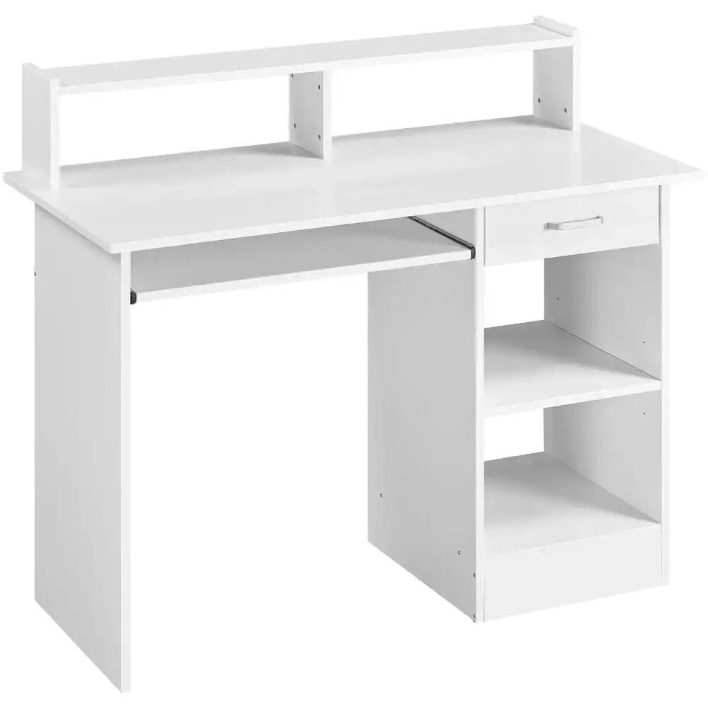 Modern White Wooden Computer Desk with Drawers and Keyboard Tray