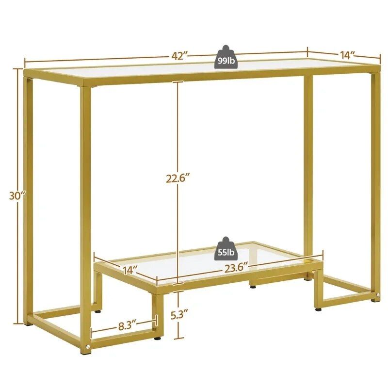 Gold-Tone 2-Layer Tempered Glass Console Table with Metal Frame for Versatile Use