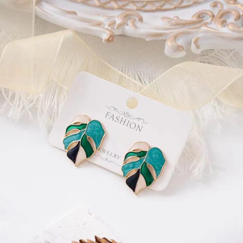 Trendy Green Geometric Stud Earrings with White Trapezoidal Pendant for Women