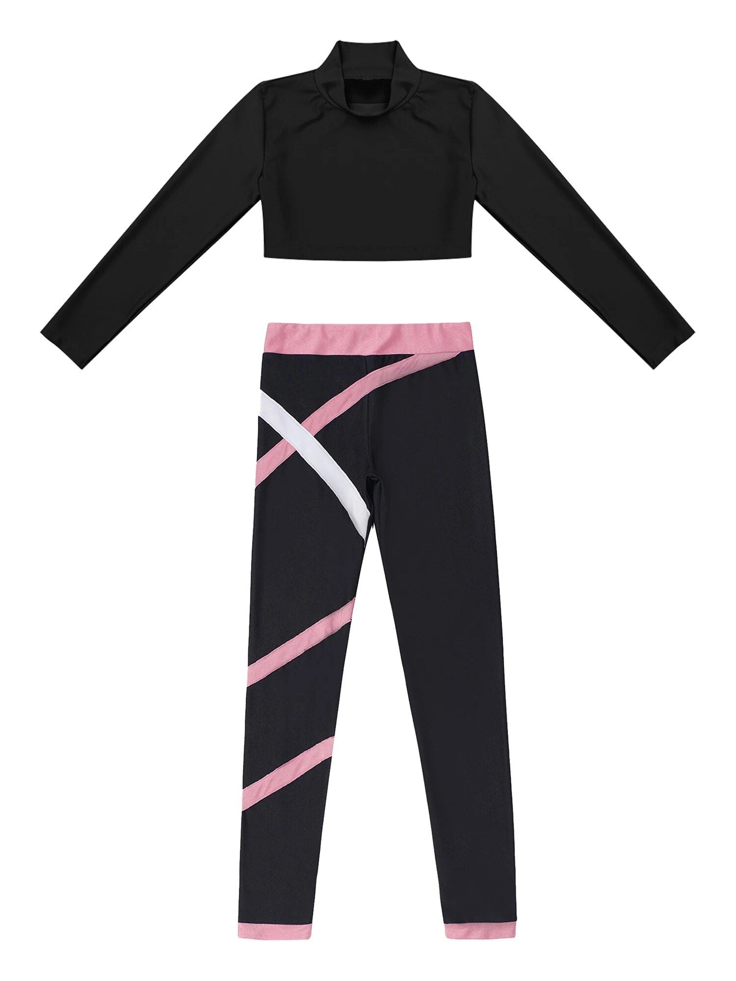 Kids' Athletic Wear Set - Stretchy Long Sleeve Crop Top & Colorblock Leggings for Gymnastics, Yoga, Skating