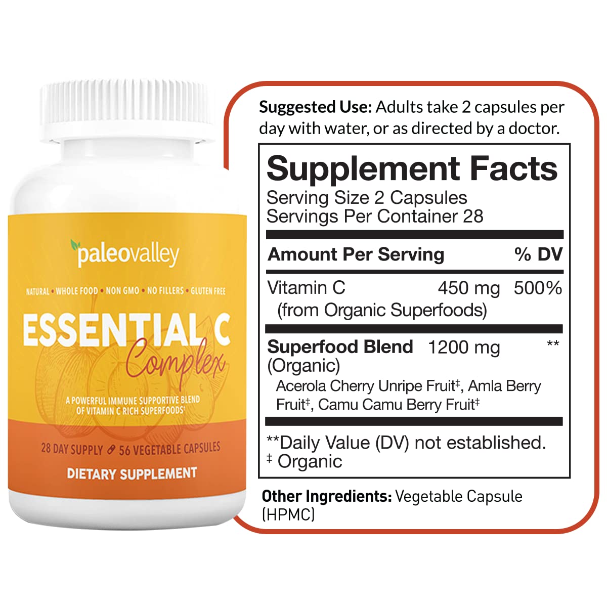 Paleovalley Essential C Complex - Vitamin C Supplement for Immune Support - 3 Pack, 450mg - From Organic Superfoods Unripe Acerola Cherry, Camu Camu, Amla Berry - No Synthetic Ascorbic Acid - USA Made