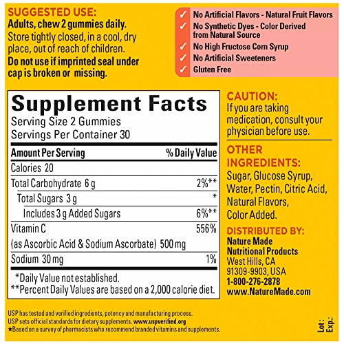 Nature Made Extra Strength Dosage Vitamin C 500 mg per serving, Dietary Supplement for Immune Support, 60 Gummies, 30 Day Supply