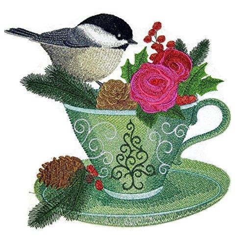 Custom Chickadee and Christmas Tea Embroidered Iron on/Sew patch [6.9"