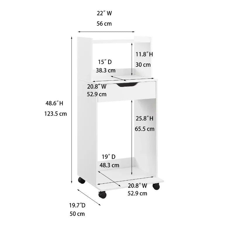 Compact White Kitchen Cart with Microwave & Mini Fridge Storage