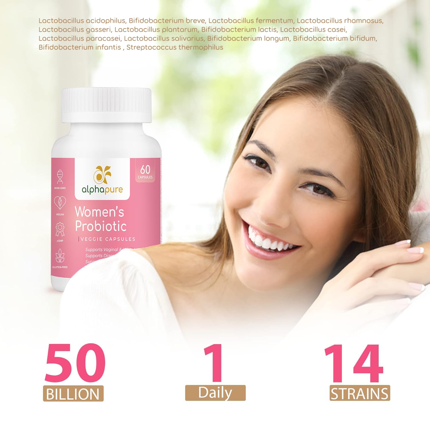 Alphapure Women's Probiotics 60 Veggie Capsules with Prebiotics - 50 Billion CFUs, 14 Strains for Digestive Health - Cranberry and D-Mannose for Urinary Tract Health - Once Daily