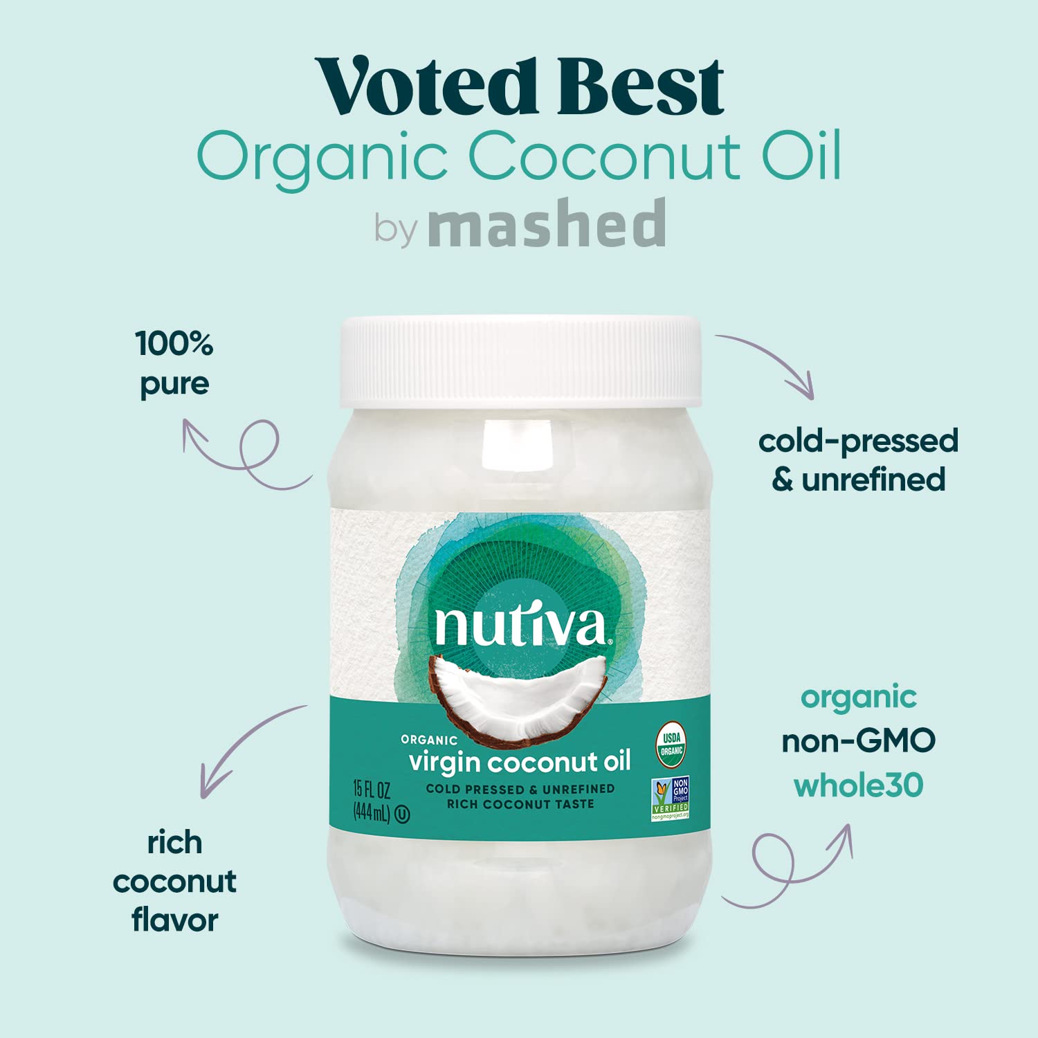 Nutiva Organic Coconut Oil 15 fl oz, Cold-Pressed, Fresh Flavor for Cooking Oil, Natural Hair Oil, Skin Oil, Massage Oil and, Non-GMO, USDA Organic, Unrefined Extra Virgin Coconut Oil (Aceite de Coco)