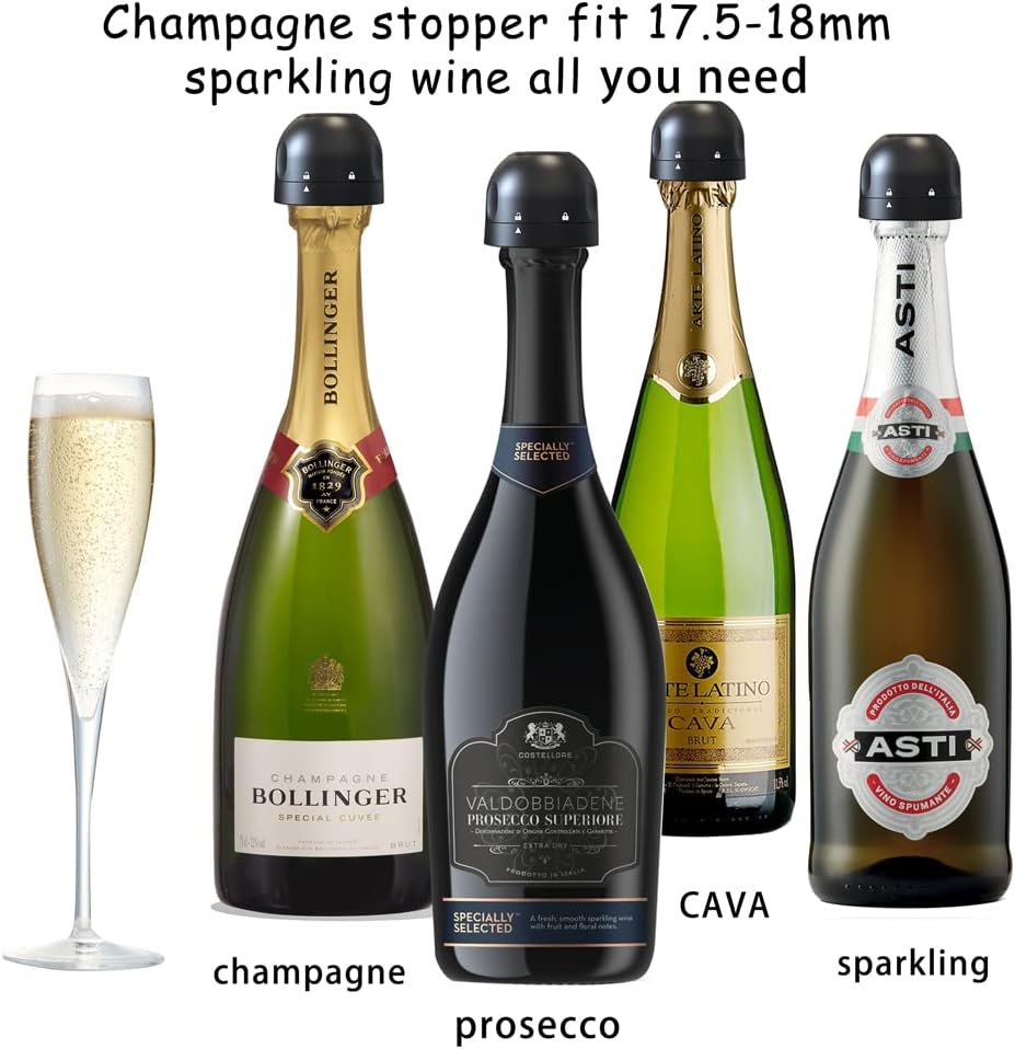 Champagne Stopper 3Pack Black, Leakproof Champagne Stoppers, Professional Champagne Saver Bottle Stopper, Keep Champagne Fresh Perfect for Champagne, Cava, Prosecco & Sparkling Wine