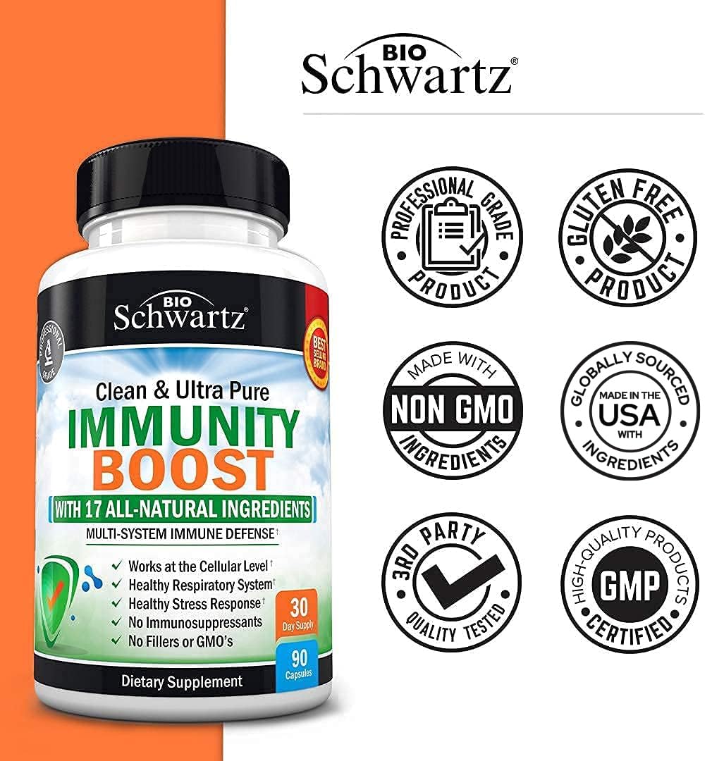 Immune Support Supplement with Vitamin C 1000mg Zinc Elderberry Extract Ginger Root Beta Carotenes, Immunity Boost for Adults, Natural Immune Defense Antioxidant Vitamins by BioSchwartz, 90 Capsules