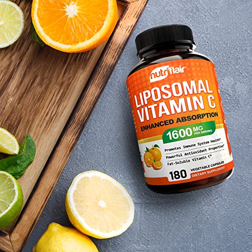 NutriFlair Liposomal Vitamin C 1600mg, 180 Capsules - High Absorption, Fat Soluble VIT C, Antioxidant Supplement, Higher Bioavailability Immune System Support & Collagen Booster, Non-GMO, Vegan Pills