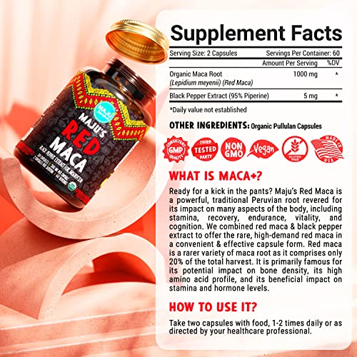 MAJU Organic Red Maca Root Capsules 120ct - Women Focused Curve Enhancement Nutrition Pills, Weight Booster Gain para Thighs, Powder in Pill Supplement Qty 1