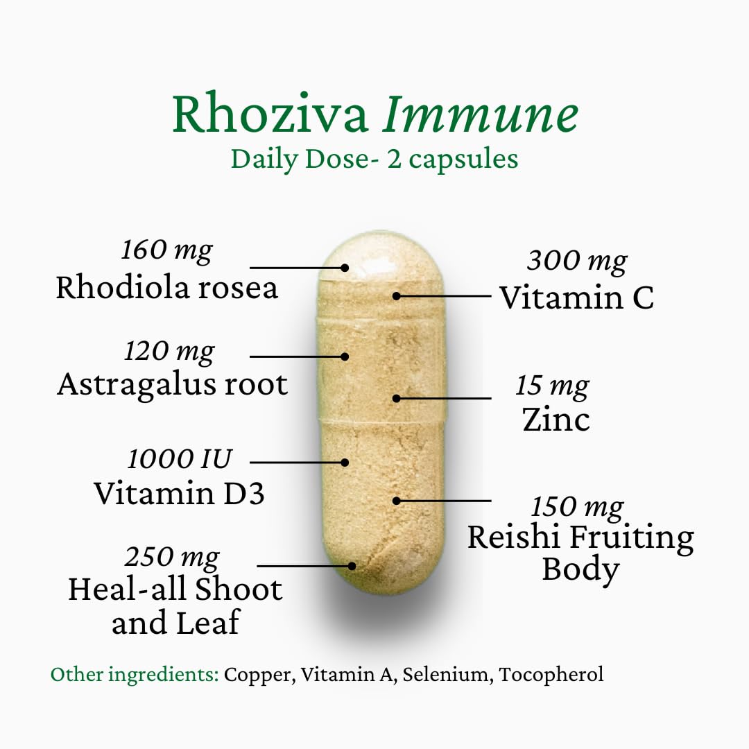 Rhoziva Immune. Immune System Booster Supplement, Stress & Energy Support. Rhodiola Rosea, Reishi Mushroom Extract, Astragalus, Prunella. Vitamins & Minerals. 60 Capsules. (Pack of 1)