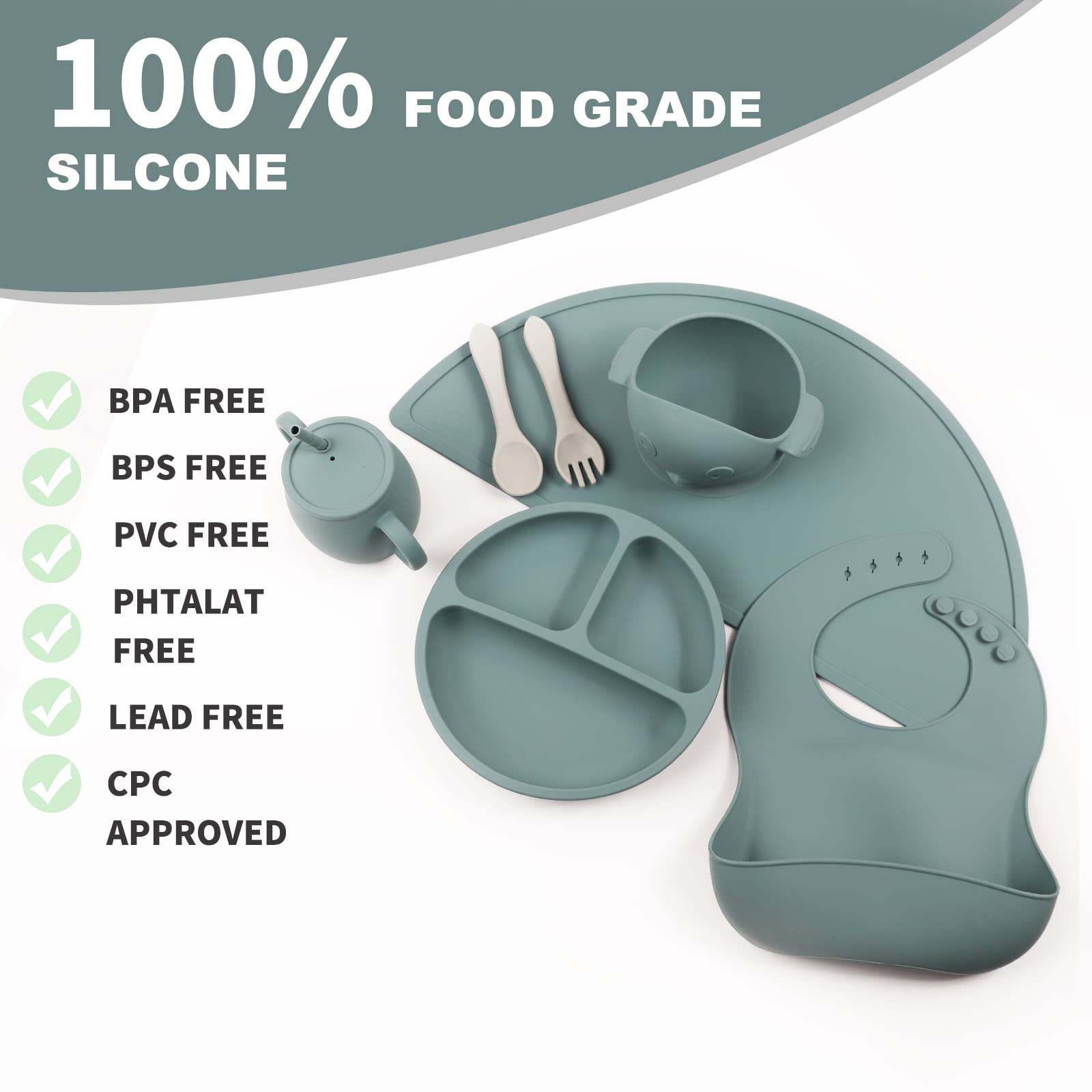 Silicone Baby Feeding Set, Baby Led Weaning Supplies, Divided Baby Plates Bowls with Sucntion, Adjustable Bibs Soft Spoon Fork Utensil, Sippy Cups, Infant Self Eating Utensil (Sage/Ether)